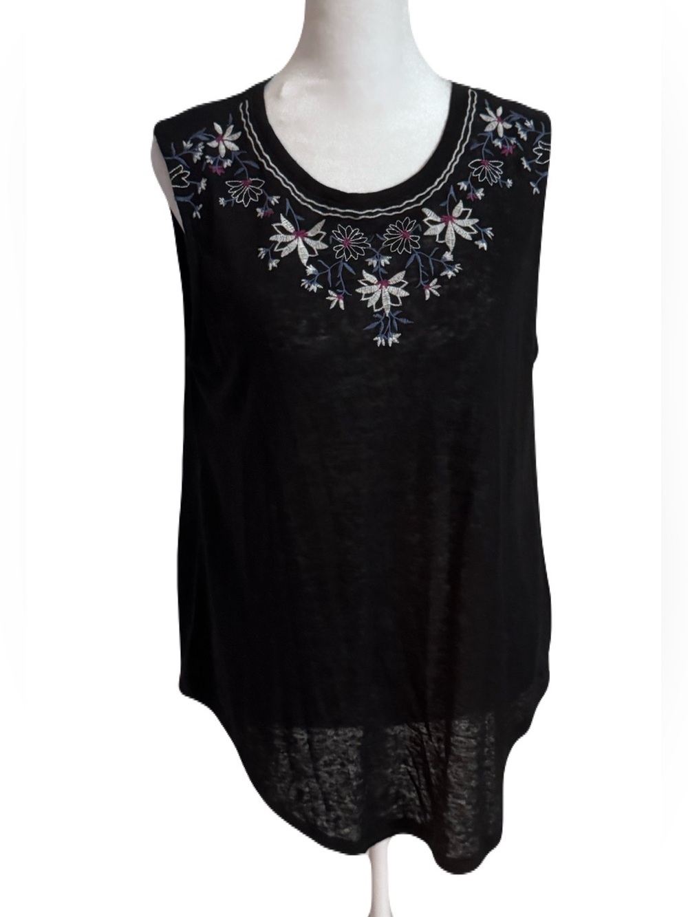 Old Navy Black Embroidered Linen Blend Tank Top Sheer Breathable Women Med